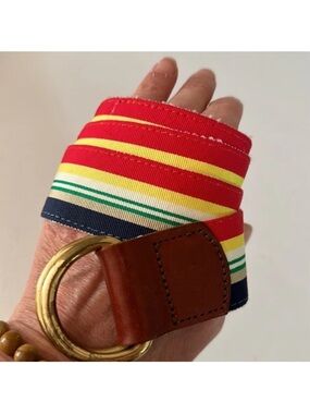 PREPPY VINTAGE 1980s LADIES WOVEN RIBBON BELT Brass O RING RED BLUE STRIPE 36"